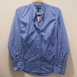 NEW J Crew Button Down Blouse with Ruffled Fringe, Blue, 4
